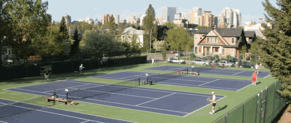 Calgary Tennis Club courts with the downtown skyline beyond